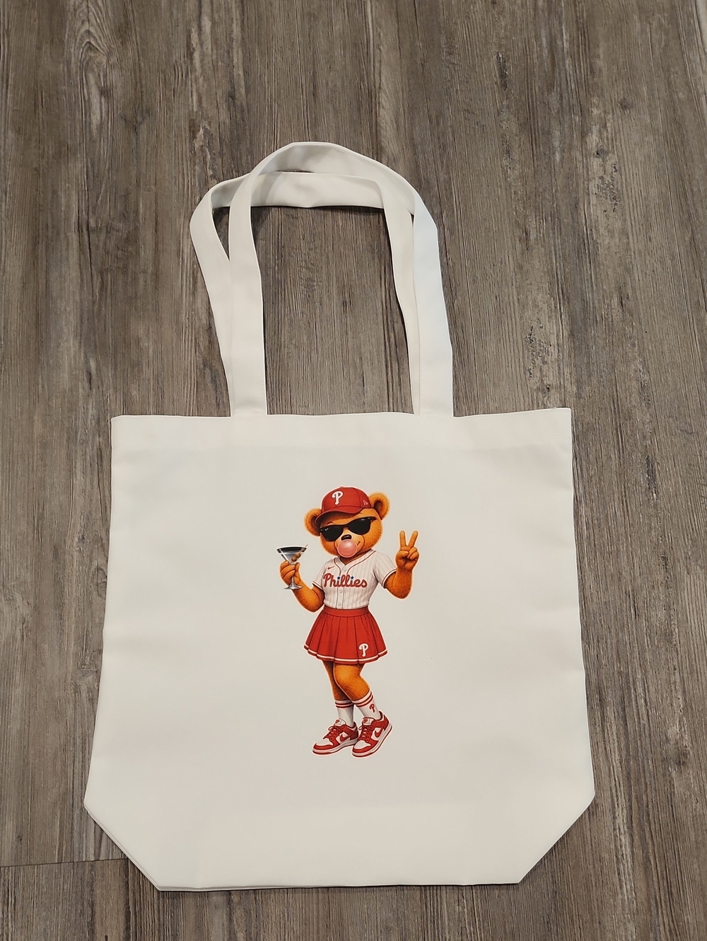 White Tote Bag with Phillies Bear Graphic